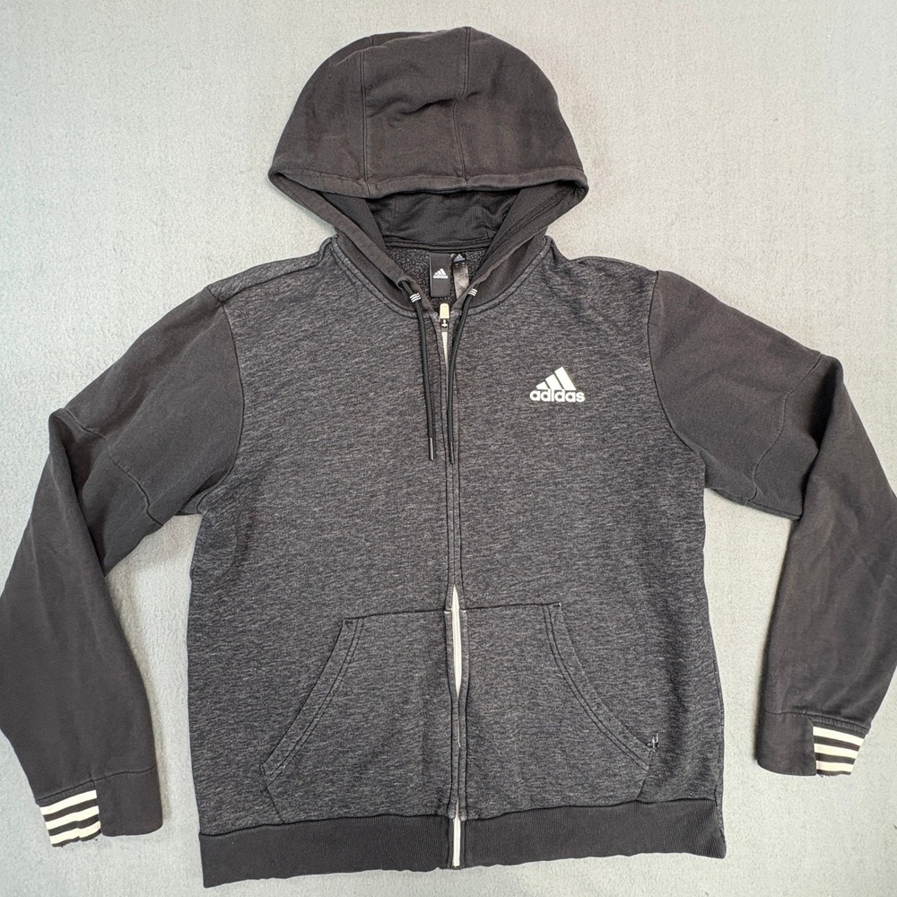 Adidas Mens‎ Full Zip Hoodie Gray Heathered Sweatshirt Medium Striped Cuffs